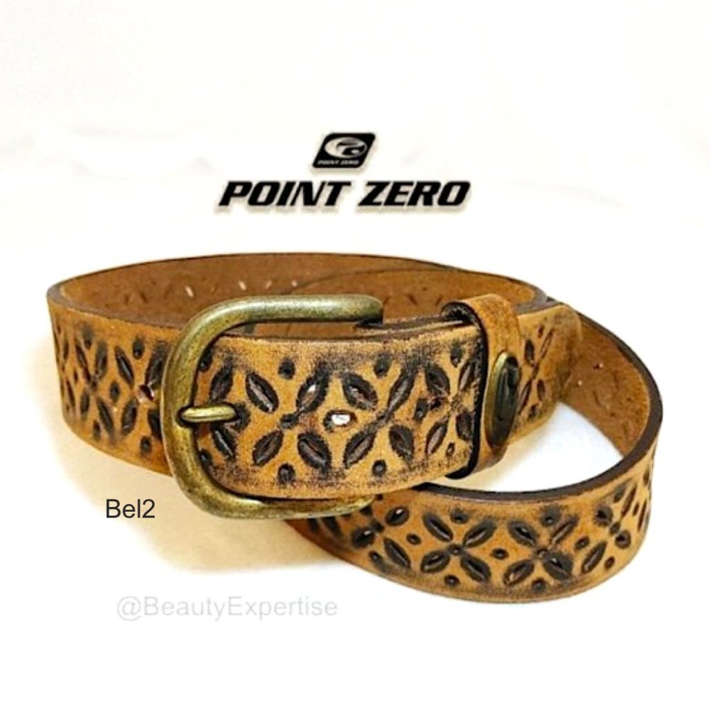 POINT ZERO Unisex Belt Brown Leather Black Burnished Geo Motifs Brass Buckle, S